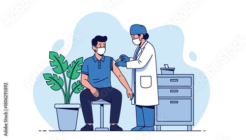 A male patient wearing a mask receives a vaccine injection in the arm from a healthcare professional in a clinic setting with a plant and medical cabinet