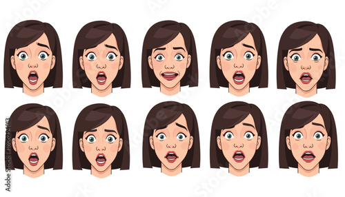 Collection of cartoon woman facial expressions showing shock surprise and fear with wide open mouths and eyes conveying intense emotion
