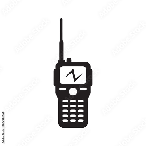 Walkie talkie vector icon. Portable handheld radio transceiver silhouette. Wireless communication device symbol isolated on white background. Two way radio security equipment illustration.
