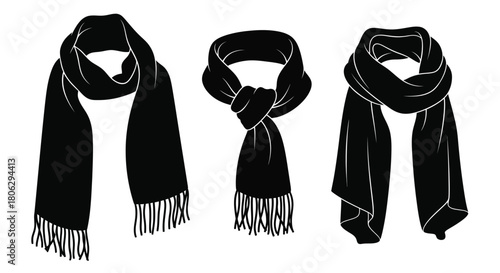 Three black scarves displayed with different styles and wrapping techniques