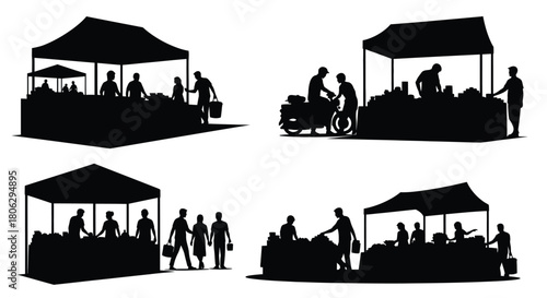 Black silhouette illustration of market stalls with people shopping outdoors
