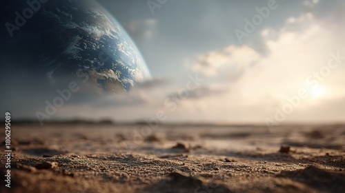 Close up of textured brown sand in  foreground with  large view of  Earth rising above hazy clouds against  bright sky