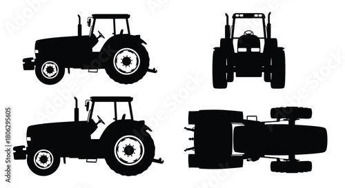 Four black silhouettes of farming tractors in various viewpoints displayed
