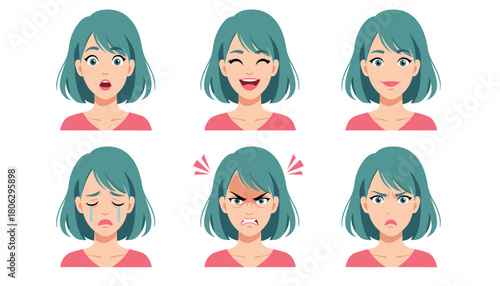 Collection of diverse female facial expressions showing a range of emotions from happiness and surprise to sadness and anger