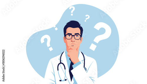 Thoughtful doctor wearing glasses and a stethoscope ponders a medical question surrounded by large white question marks on a light blue background