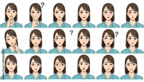 A collection of diverse facial expressions and emotions displayed by a young japanese woman in a teal uniform perfect for illustrating communication and feelings