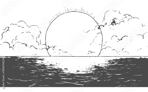 Vintage hand-drawn sky scene with scattered clouds and sunbeams for retro art design