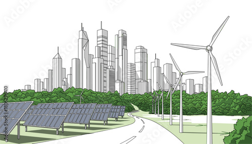A modern city skyline is powered by renewable energy sources including solar panels and wind turbines in a clean and green environment