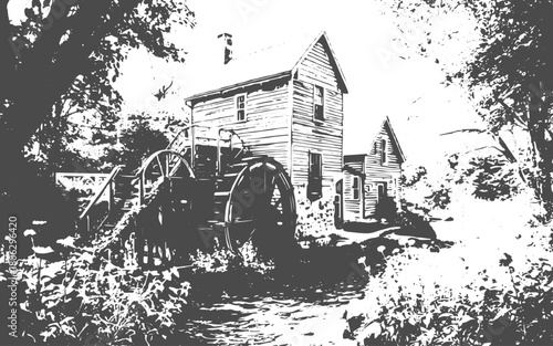 Tranquil mountain cabin with smoking chimney in vintage engraving style