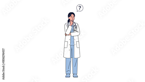 A thoughtful female doctor in a white coat and blue scrubs stands with a stethoscope around her neck contemplating a question with a thought bubble above her head