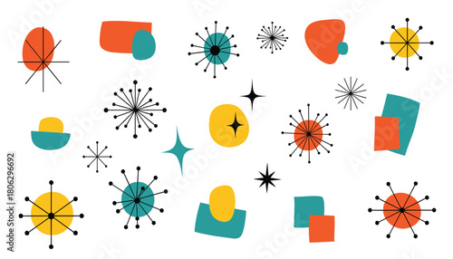 A vibrant collection of mid century modern atomic starbursts and abstract shapes in orange teal and yellow on a white background