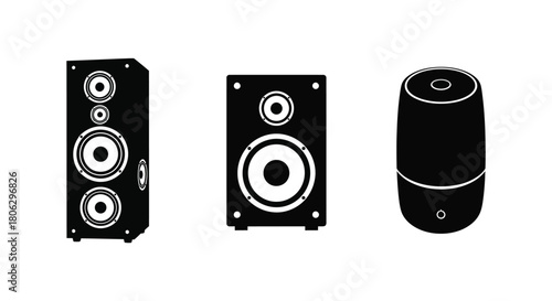 Black silhouette icons of various speaker types displayed in a row
