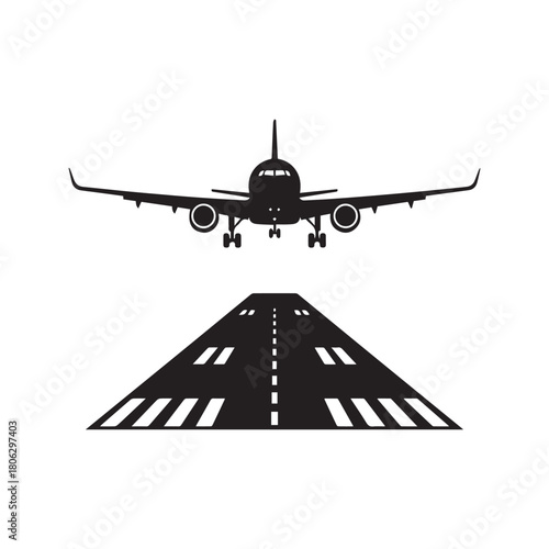 Airplane landing on runway silhouette vector illustration. Commercial jet aircraft arrival at airport. Front view of plane flight approach and asphalt airstrip road with markings isolated on white.

