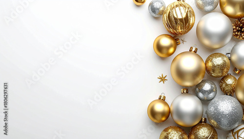 Diseño con bolas y adornos navideños sobre fondo liso blanco para felicitacion y tarjeta de navidad con espacio para textonavidad, felicitacion, tarjeta, crismas, navideña, fin de año, año nuevo, bola