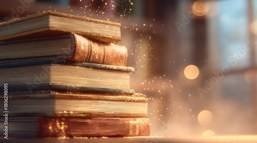 Books stack golden light