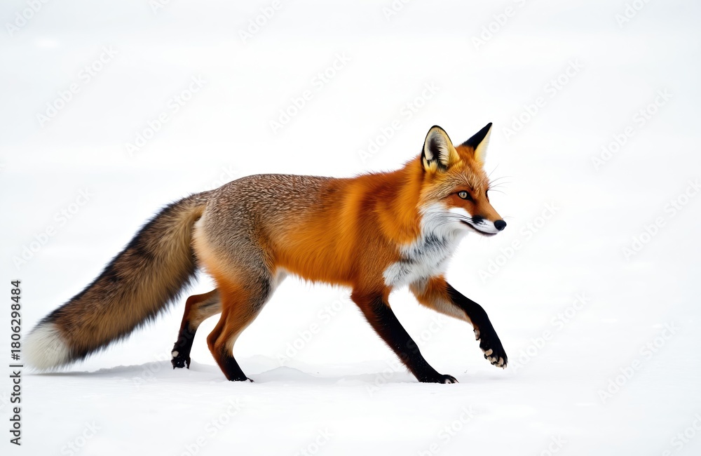 Naklejka premium Red fox hunts in fresh snow isolated on white background. Wild mammal with orange fur, bushy tail trots during cold winter day. Cunning canine predator stalks prey in natural habitat looking for food.