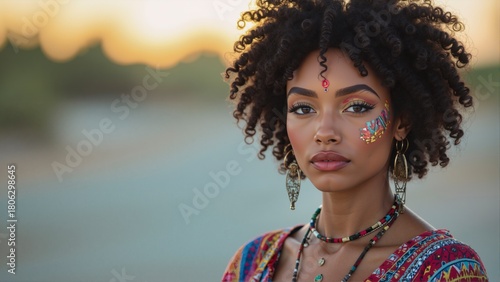 Young woman with dark afro curly hair in colorful boho ethnic dress and layered jewelry standing outdoors at sunset.