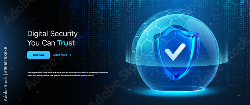 Data Protection Shield With Verified Checkmark Inside. Cybersecurity Shields For Maximum Protection. Cyber Security Vector Safety Shpere and Blue Shield on Dark Blue Technology Background.