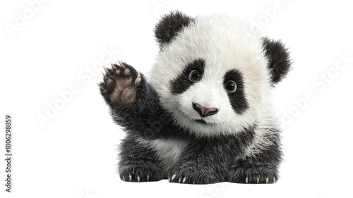 Close-up front view of an 18-month-old giant panda, a wild mammal, isolated on a white background