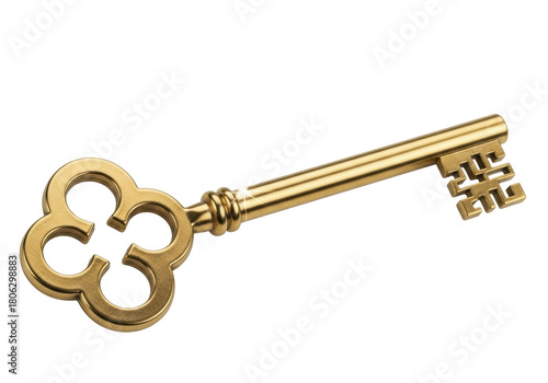 Ornate golden key PNG isolated on transparent background, antique style passkey for security and unlocking concepts
