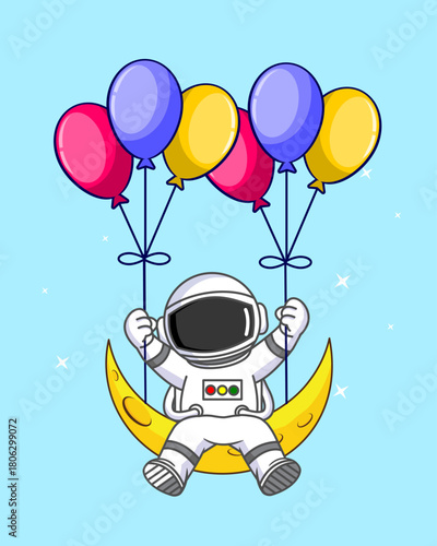 Cute Astronaut Swinging on Crescent Moon with Colorful Balloons Vector Illustration Cartoon Design