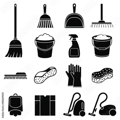 House Cleaning and Janitorial Tools Silhouette Icons