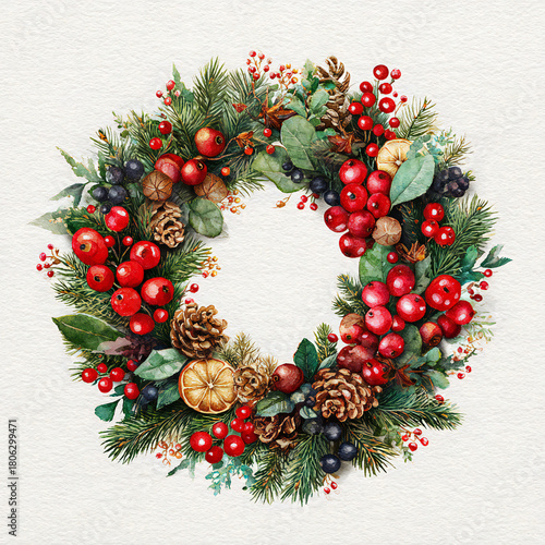 Watercolor Christmas wreath isolated clipart 