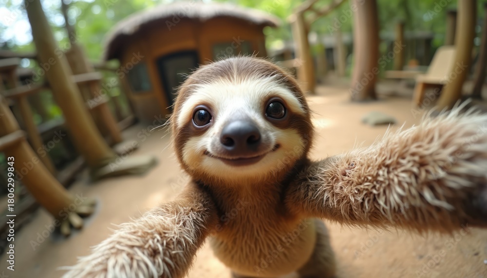 Obraz premium Baby sloth takes a selfie using a fish-eye lens. The cute mammal with long arms poses in a jungle like environment. Wildlife photo features an adorable animal in its natural habitat.