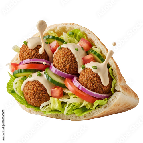 Delectable Falafel Pita Sandwich with Fresh Vegetables and a Creamy Tahini Drizzle Isolated