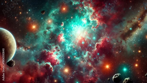 Video of deep space nebula with glowing stars in dark cosmic sky, dreamy and mysterious
