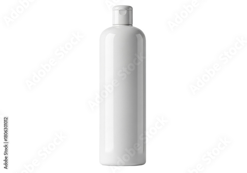 Tall white plastic bottle isolated PNG on transparent background, blank container for shampoo or lotion mockup for beauty and hygiene products