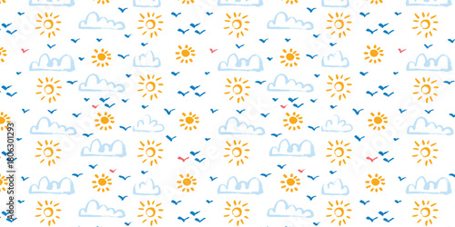 Sky Pattern with Cute Hand drawn Flying Birds, Sun Shapes and Clouds with Soft Grunge Texture. Cute playful design, perfect for background ideal for kids wallpaper, posters, cards, fashion