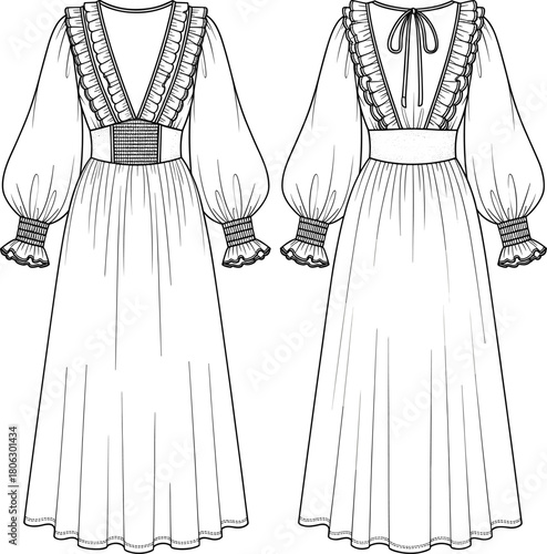 Elegant long maxi dress fashion flat sketch with ruffle details, smocked cuffs, deep V neckline, back tie design, professional garment illustration