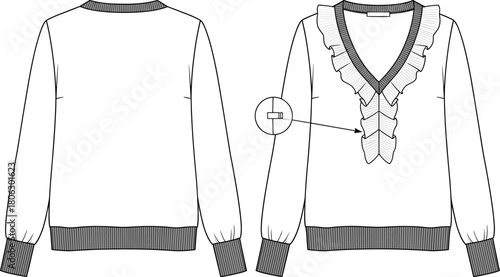 Elegant, women's, ruffled, V-neck, sweater, fashion, flat, sketch, technical, drawing, apparel, design, blouse, illustration, front, and, back, garment, vector, template