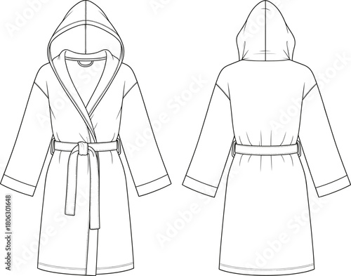Hooded bathrobe technical fashion sketch showing front and back views, detailed garment illustration for apparel design, clothing pattern template, vector drawing