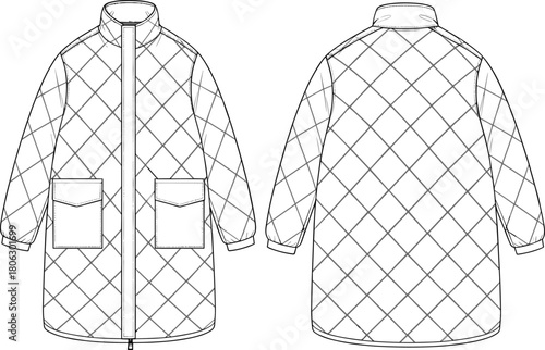 Quilted long coat technical flat sketch, front and back views, outerwear design template, padded jacket illustration with pockets, apparel fashion drawing
