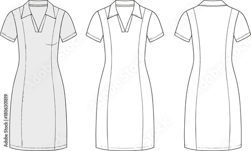Short-sleeve collared dress technical flat sketch, clean minimalist apparel design illustration showing front and back views for fashion designers and clothing manufacturers