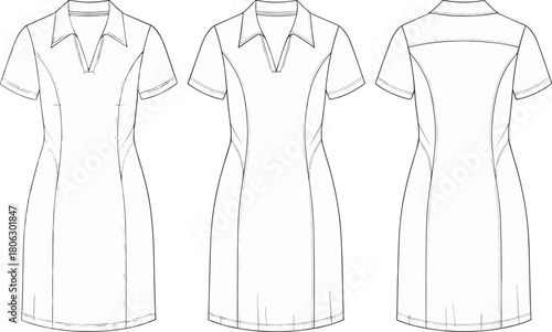 Short-sleeve V-neck collared dress technical flat sketch, clean structured apparel design illustration showing front and back views for fashion designers and manufacturers