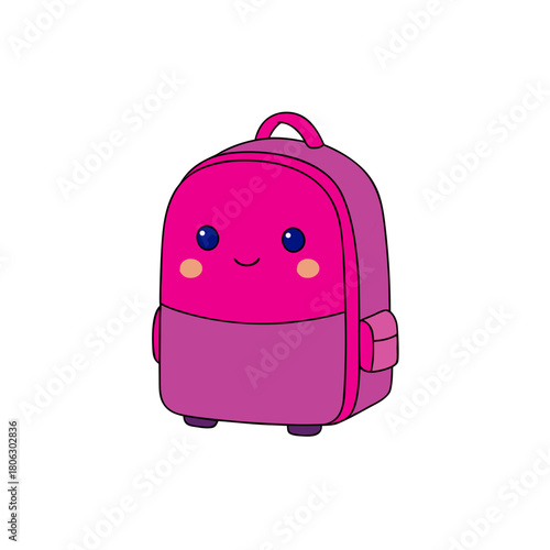Cute pink cartoon backpack with a happy face and rosy cheeks silhouette isolated on white background
