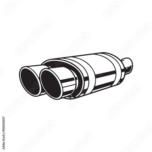 Car exhaust muffler vector icon. Automotive dual pipe silencer illustration. Vehicle exhaust system part isolated on white background. Monochrome retro style auto spare part.
