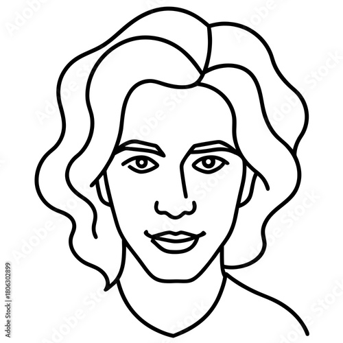 Minimalist black line art portrait of a person with wavy hair silhouette isolated on white background