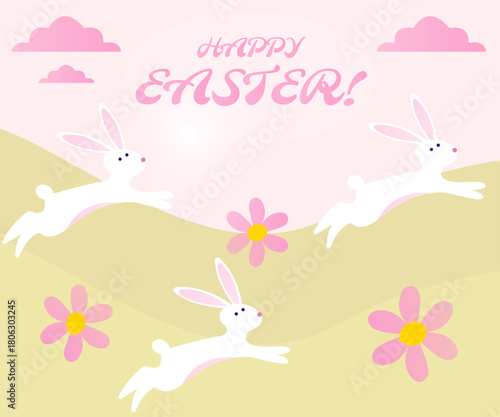 Happy Easter greeting card with cute bunnies jumping in green meadow. Flat vector illustration