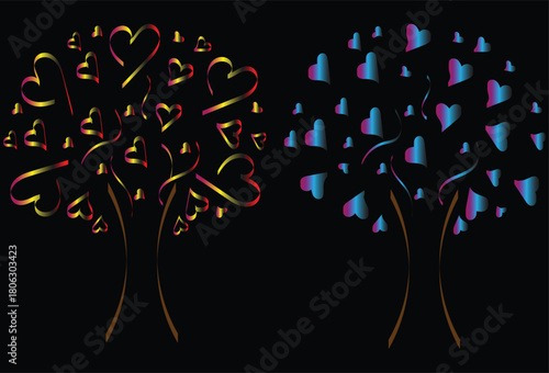 gradient heart shape tree illustration, romantic glowing heart trees design, colorful abstract heart leaf trees