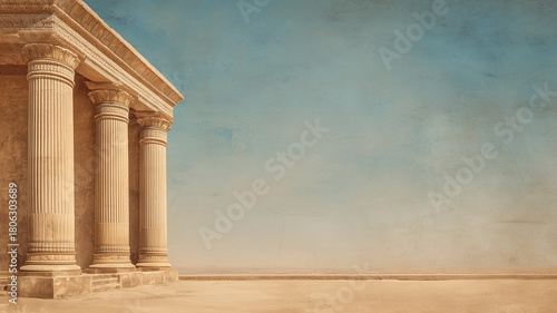 An ancient colonnade against a blue sky - concept background. Ancient Babylon, Ancient Mesopotamia, Ancient Persia. Digital photo illustration. 