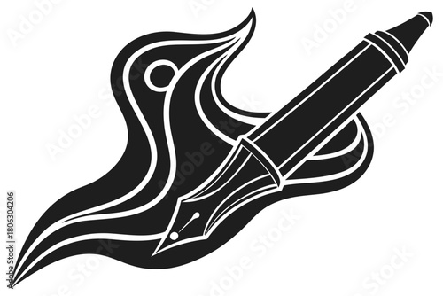 Stylized fountain pen with abstract swirls and flame elements