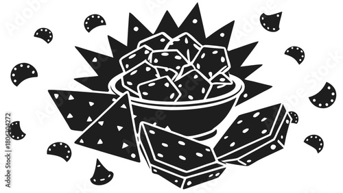 Hand drawn illustration of a bowl of nachos surrounded by chips and salsa