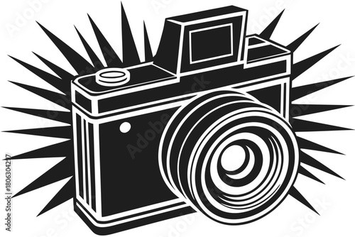 Vintage camera with a flash burst graphic element in a stylized illustration
