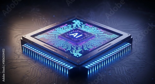 AI Processor Chip with Glowing Blue Circuits on a Dark Background.