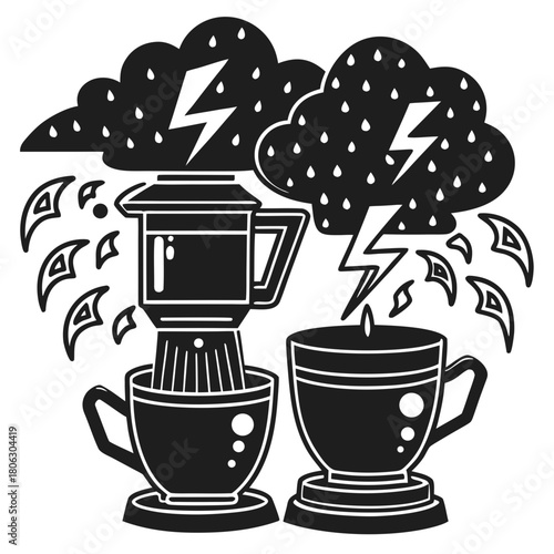 Stormy weather brewing coffee and tea with lightning and rain over cups