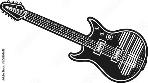 Stylized electric guitar silhouette with black background and white outline